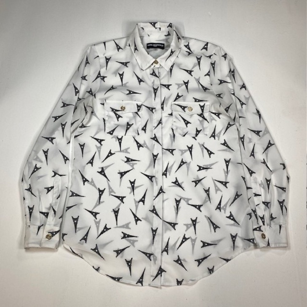 Karl Lagerfeld Paris Eiffel Tower Print Button Down Shirt White XS Gold Buttons